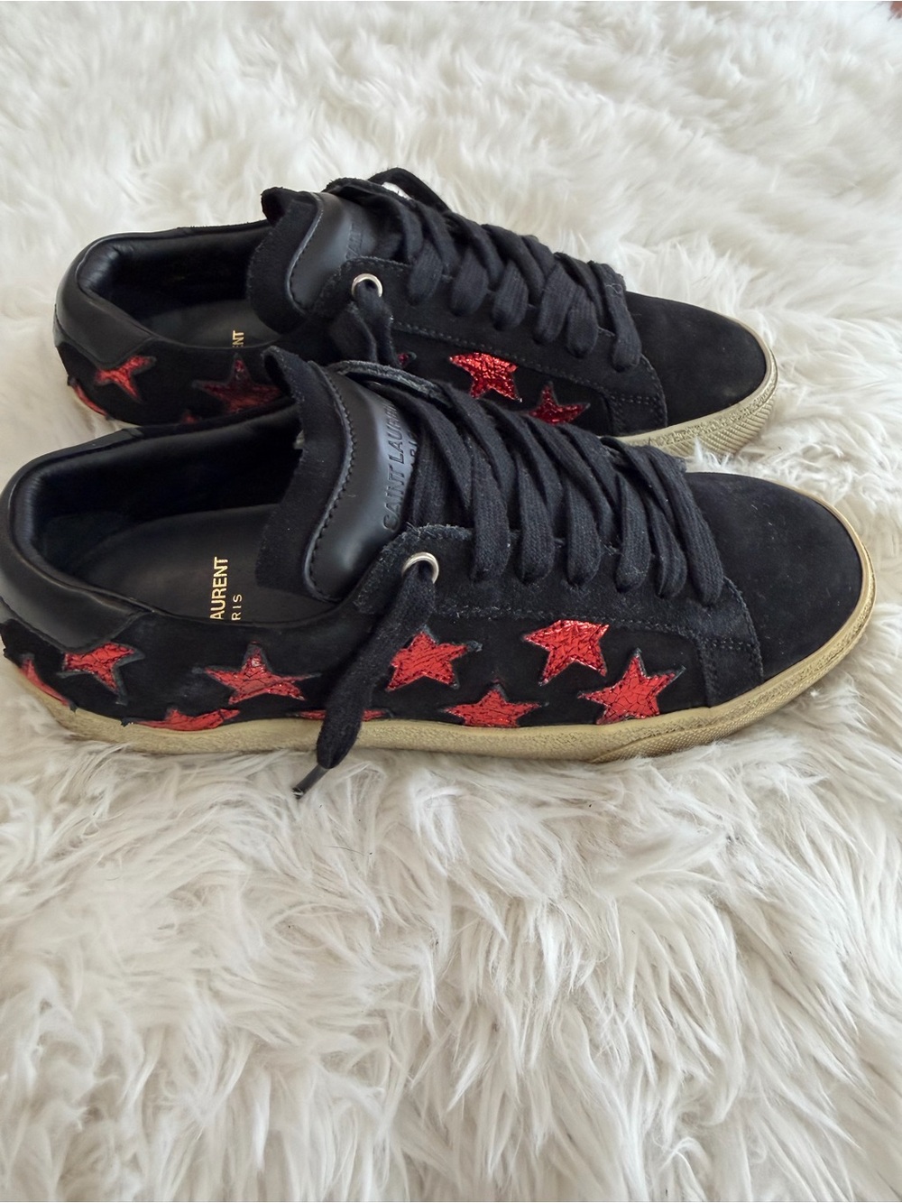 Saint Laurent Black Suede Low-Top Sneakers with Red Stars Size 35.5 US 5.5